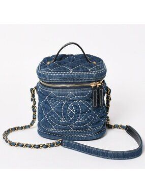 Chanel Vanity Chain Shoulder Bag CC Logo Denim Wild Stitch Gold